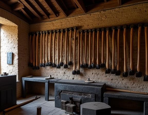 L interno dell officina in Viale delle Terme di Caracalla con asce appese alle pareti