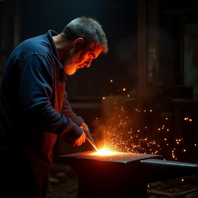 Fabbro esperto che lavora un pezzo di acciaio incandescente sull incudine
