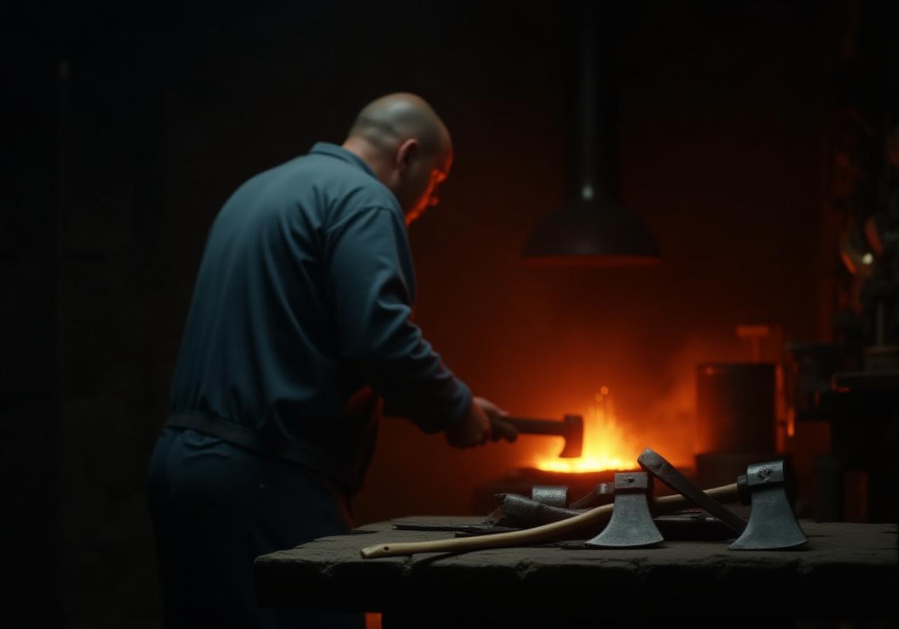 Mastro forgiatore al lavoro con asce artigianali